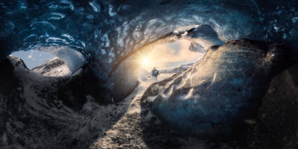 Sólheimajökull tramonto grotta di ghiaccio