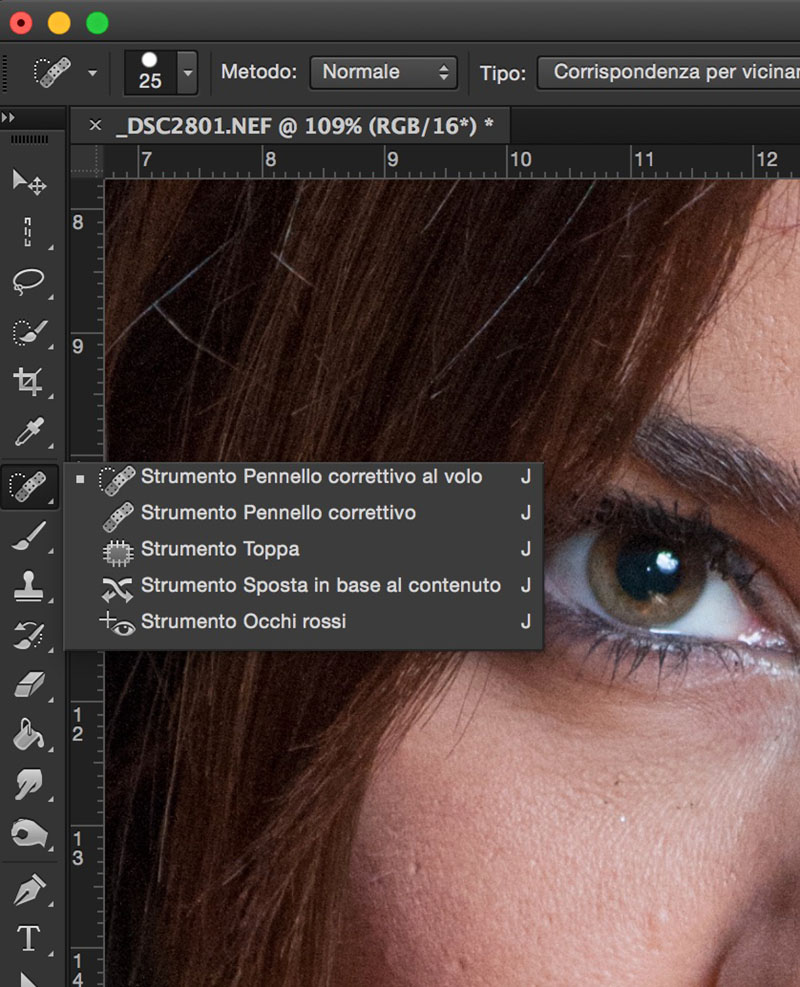 come rimuovere imperfezioni della pelle, tutorial Photoshop, Strumento toppa, strumento pennello correttivo, ritratto