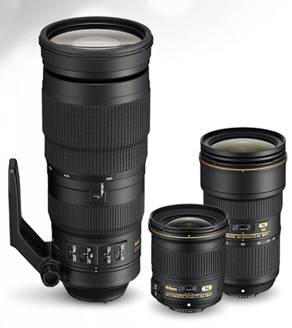 Nikkor 24mm f1.8G ED, Nikkor 24-70mm f2.8 ED VR, AF-S Nikkor 200-500mm f/5.6E ED VR