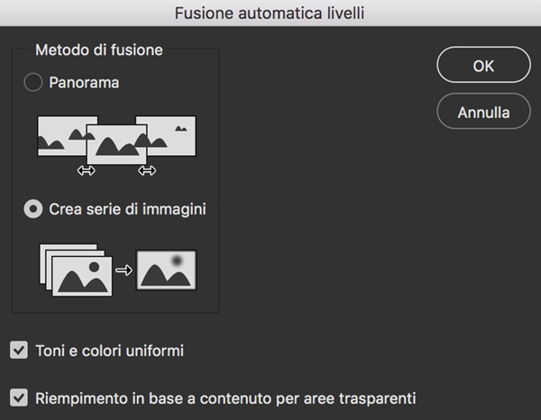 schermata per la fusione delle fotografie