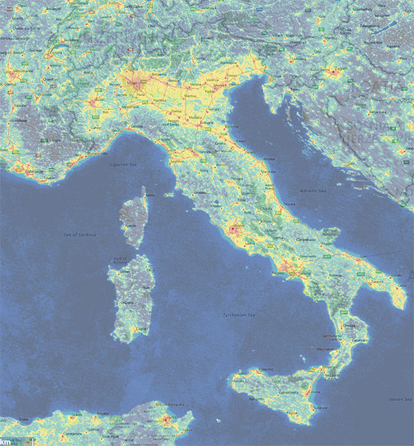 mappa inquinamento luminoso foto stelle cadenti